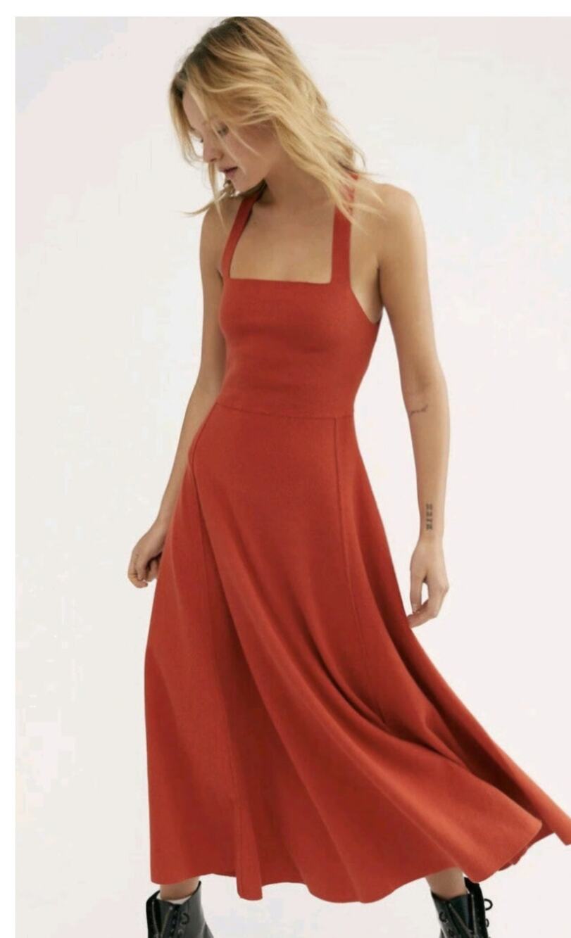 Free People Red Dreamer Ribbed Midi Dress - Size XS